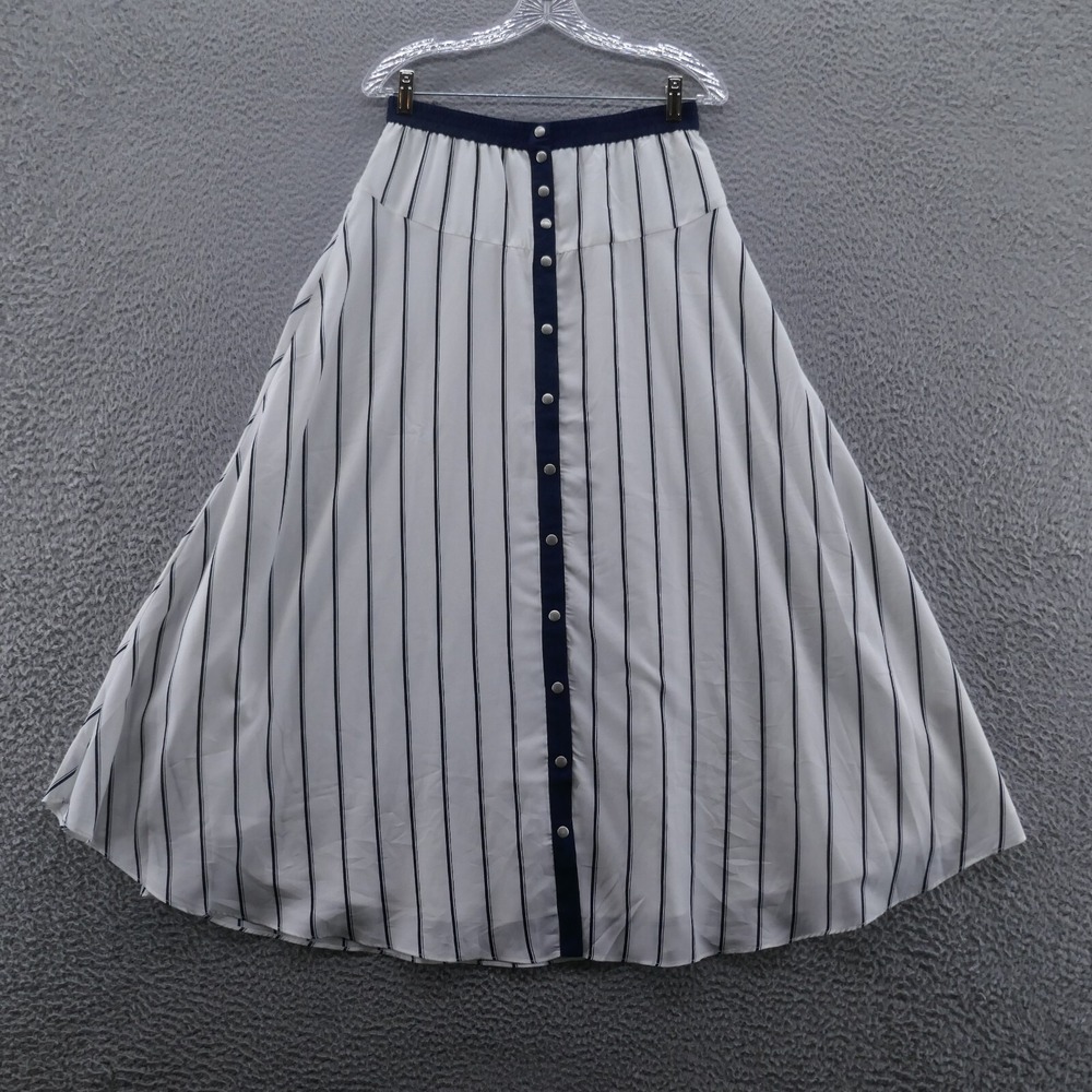 Soft Surroundings Women Snap Front Maxi Skirt XS White Blue Stripe Elastic Waist